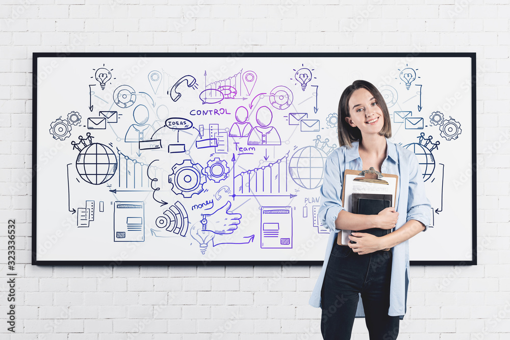 Smiling young woman with books, business strategy Smiling young woman with books, business strategy