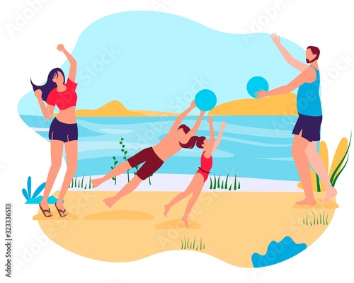 Summer Time Vacation Sparetime. Happy Family of Father, Mother, Daughter and Son Playing with Balls on Seaside or River Coast Line. Summertime Activity, Leisure, Relax Cartoon Flat Vector Illustration