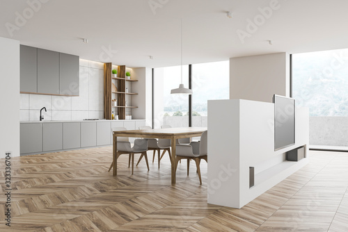 White kitchen and living room interior