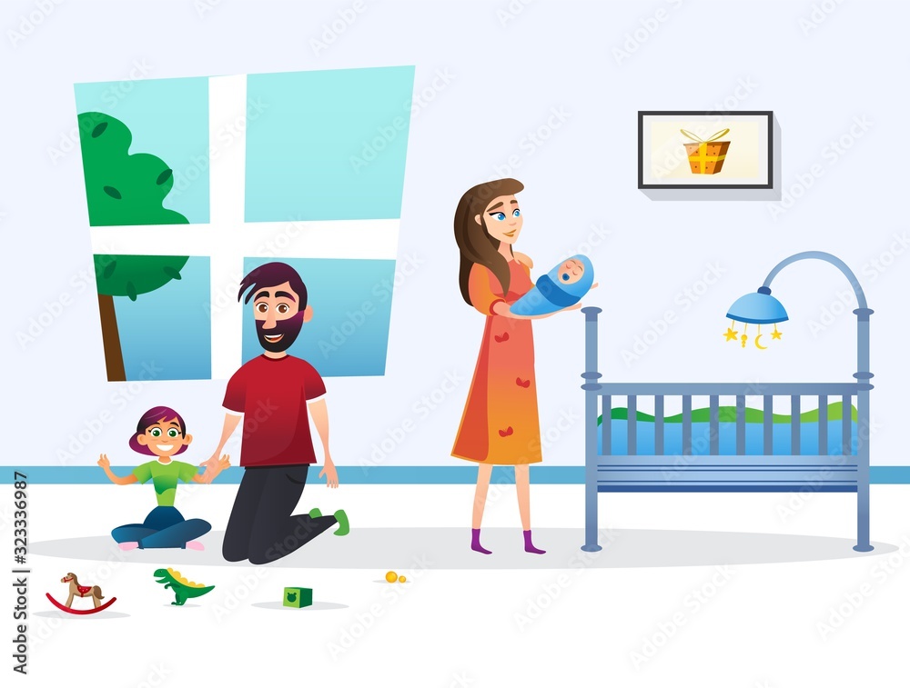 Happy Family Cartoon Vector Illustration. Standing Mother Holding on Hands Sleeping Newborn Boy. Father with Girl Playing Toy as Horse, Dinosaur, Cube, Balls. Baby Room with Window, Crib, Picture. Happy Family Cartoon Vector Illustration. Standing Mother Holding on Hands Sleeping Newborn Boy. Father with Girl Playing Toy as Horse, Dinosaur, Cube, Balls. Baby Room with Window, Crib, Picture.