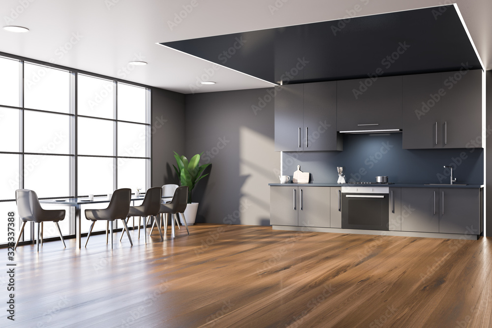 Fototapeta premium Blue and gray kitchen corner, counters and table