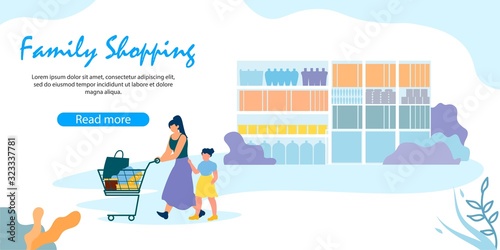 Happy Family of Mother and Little Daughter Shopping in Supermarket. Woman Pushing Trolley with Purchases, Girl Following her near Shelf with Dishes. Cartoon Flat Vector Illustration, Horizontal Banner