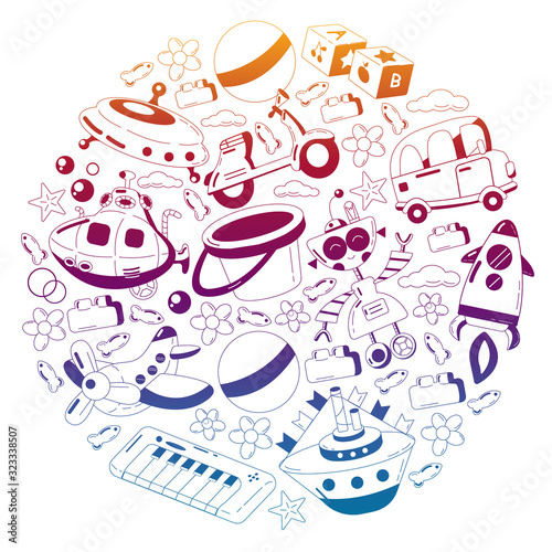 Vector set with toys icons. Pattern for kindergarten.