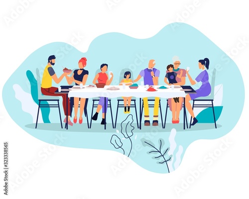 Big Happy Family Sitting at Table with Different Dishes and Eat. Relatives Meeting, Grandparents, Parents and Children Eating Festive Food, Communicate and Having Fun. Cartoon Flat Vector Illustration
