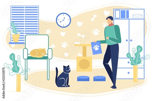 Happy Man Feeding Cat. Character Put Food in Kitten Plate, Spend Time and Care of Domestic Animal, Friendship, Lifestyle, Leisure with Little Friend, Zoo Nutrition. Cartoon Flat Vector Illustration