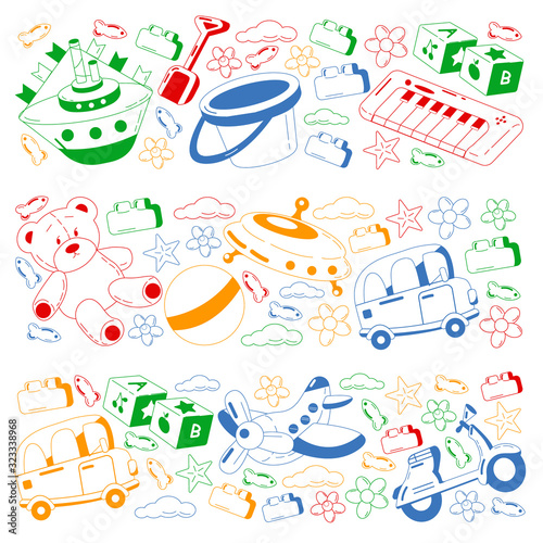 Vector set with toys icons. Pattern for kindergarten.