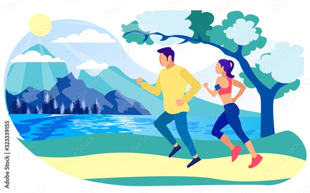 Young Man and Woman, Starting Day with Jogging in Countryside, Away from Big City. Healthy Lifestyle, Good Habits. Bright Sunny Morning, Scenic Mountain Lake or River, Sandy Shore and Green Trees.