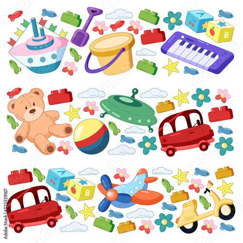Vector set with toys icons. Pattern for kindergarten, little children. Kids playing.