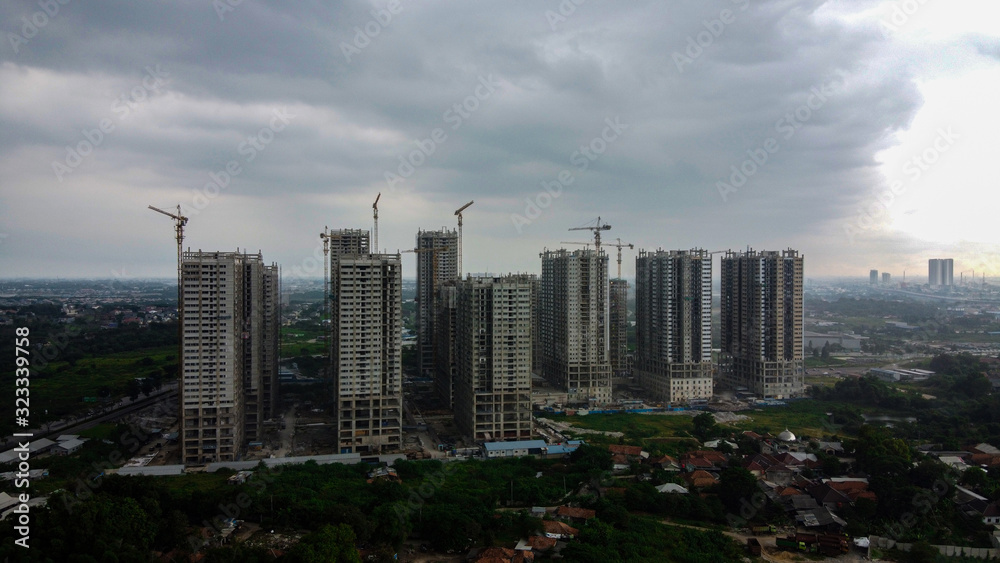 Aerial View or Drone Shot. Apartment buildings are under construction after rain
