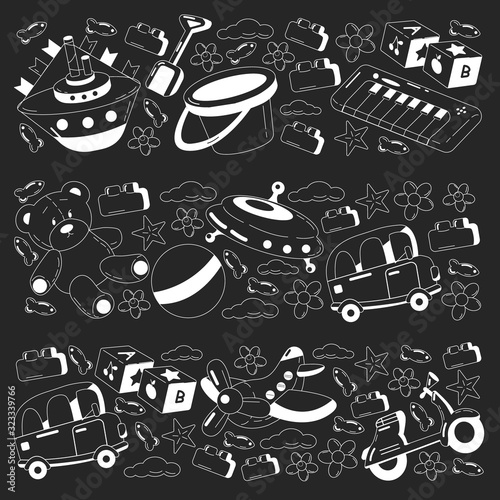 Vector set with toys icons. Pattern for kindergarten, little children. Kids playing.