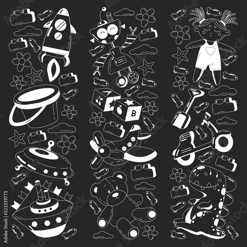 Vector set with toys icons. Pattern for kindergarten, little children. Kids playing.