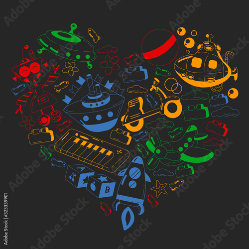 Vector set with toys icons. Pattern for kindergarten, little children. Kids playing.