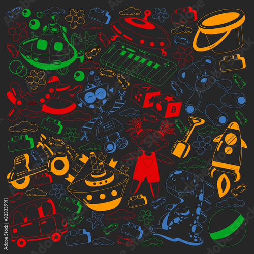Vector set with toys icons. Pattern for kindergarten, little children. Kids playing.