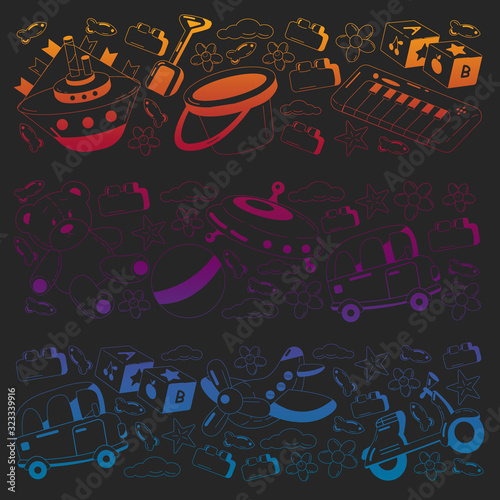 Vector set with toys icons. Pattern for kindergarten, little children. Kids playing.