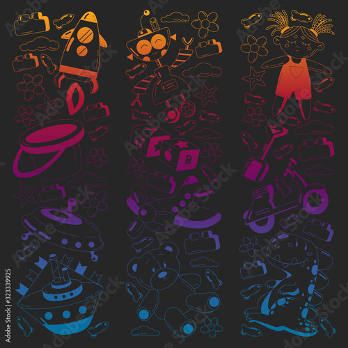 Vector set with toys icons. Pattern for kindergarten, little children. Kids playing.
