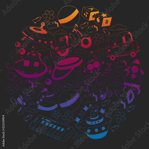 Vector set with toys icons. Pattern for kindergarten, little children. Kids playing.