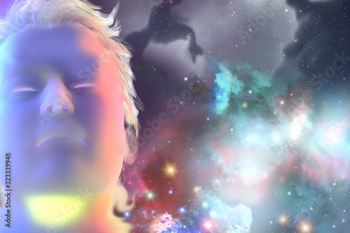 face of man in space as a symbol of philosophy and psychology of dreams inner reality, mental health, imagination, thinking and dreaming. 3d render