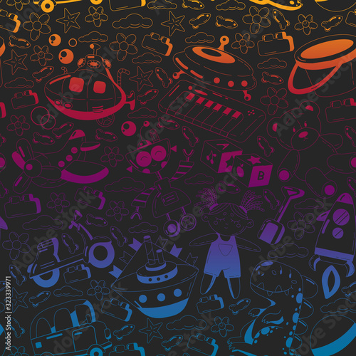 Vector set with toys icons. Pattern for kindergarten, little children. Kids playing.