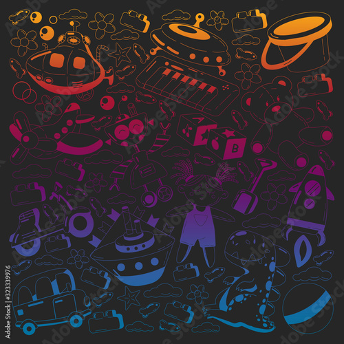 Vector set with toys icons. Pattern for kindergarten, little children. Kids playing.