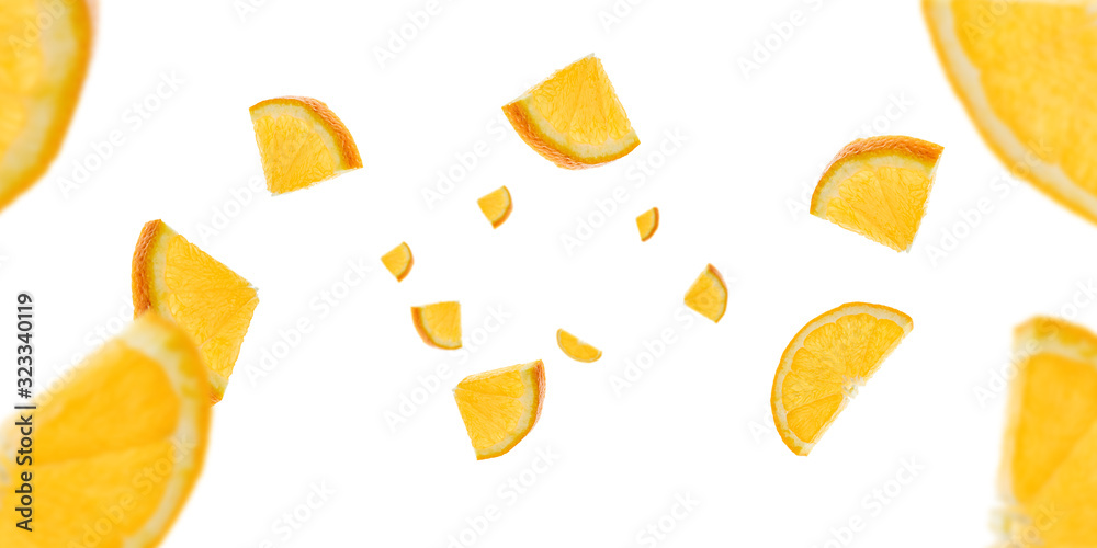 Background orange lemon slices. Citrus fruit tangerine falling on white. Selective focus. Background orange lemon slices. Citrus fruit tangerine falling on white. Selective focus.