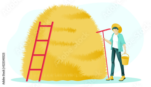 Cartoon Farmer Male Character Standing with Bucket and Rake. Flat High Haystack with Ladder. Haymaking, Autumn Harvesting, Hay Stacking and Storing. Agricultural Work and Farming. Vector Illustration