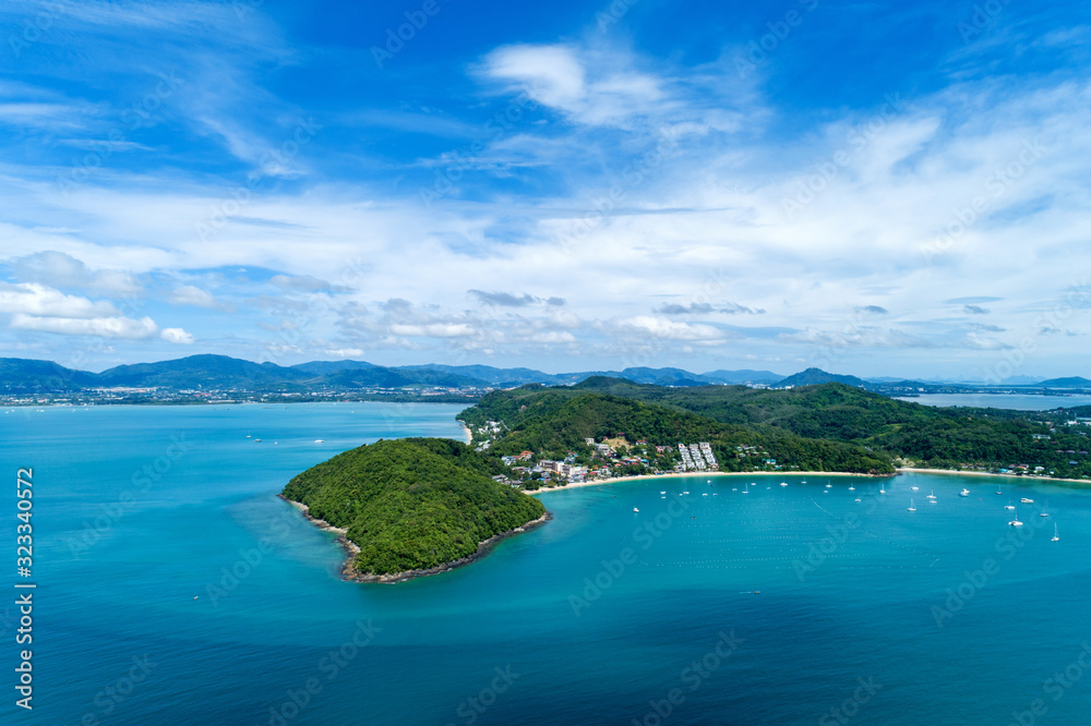 landscape nature scenery view of Beautiful tropical sea with Sea coast view in summer season image by Aerial view drone shot, high angle view.