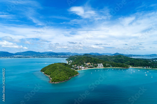 landscape nature scenery view of Beautiful tropical sea with Sea coast view in summer season image by Aerial view drone shot, high angle view. © panya99