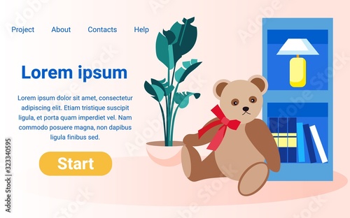 Flat Vector Starting Page Design Template for Online Store. Illustration with Copy Space for Your Text. Nursery with Shelving, Night Lamp, Soft Teddy Bear and Planter with Monstera on Floor.
