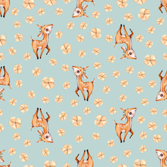 Fototapete Rehkitz-Muster Aquarell Rehkitz Waldtiere Mintgrün Babymuster  © UlitkaStudio