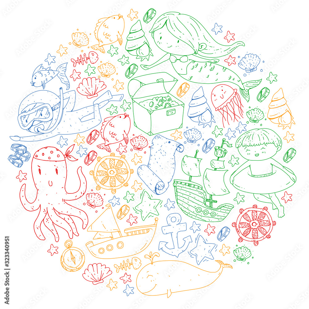 Fototapeta premium Diving pattern with children. Octopus, whale. Summer adventure with pirates and treasures. Underwater.