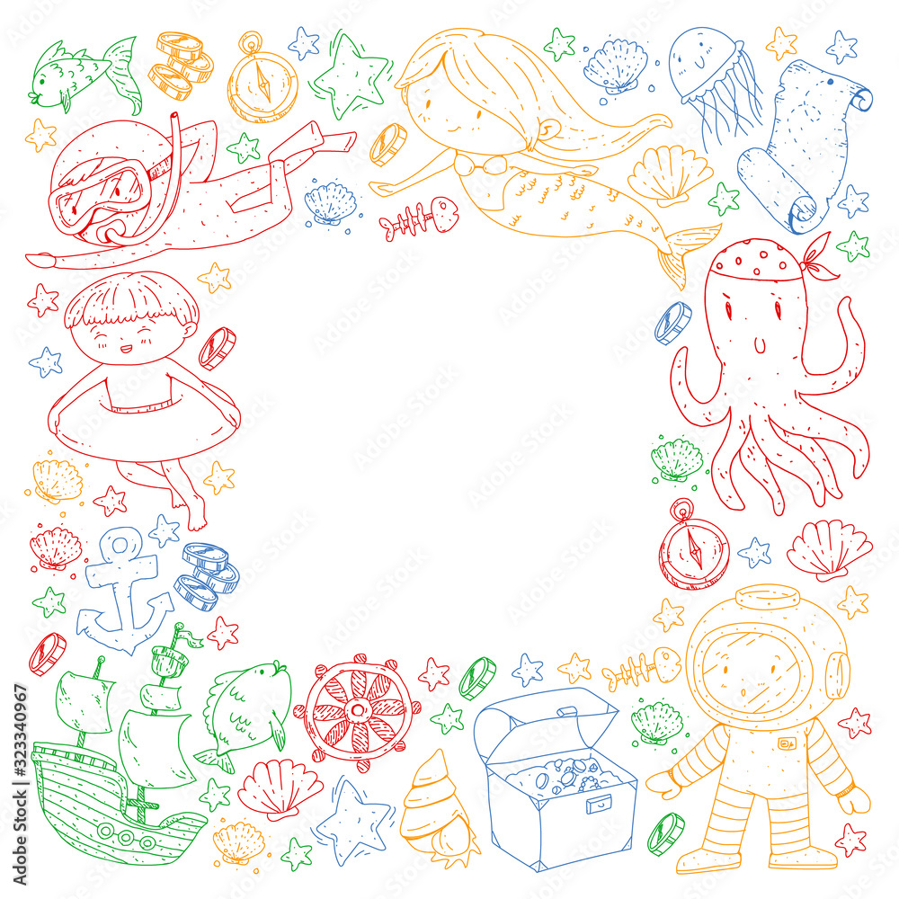 Diving pattern with children. Octopus, whale. Summer adventure with pirates and treasures. Underwater. Diving pattern with children. Octopus, whale. Summer adventure with pirates and treasures. Underwater.