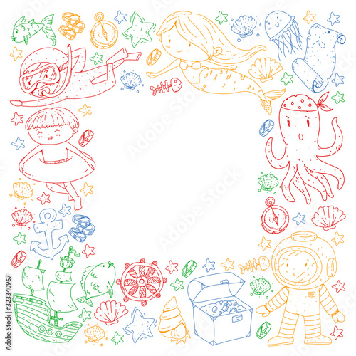 Diving pattern with children. Octopus, whale. Summer adventure with pirates and treasures. Underwater.