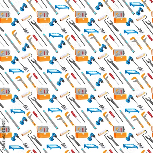 Tools Shop Service Seamless Pattern. Accessories for Painting Walls at Home Flat Cartoon Vector Illustration. Equipment for House Repair and Renovation. Case with Supplies for Building.