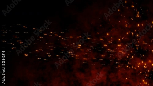 Burning red hot flying sparks fire in the night sky. Beautiful abstract fiery orange glowing flying on black background in 4k.
