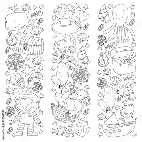 Diving pattern with children. Octopus, whale. Summer adventure with pirates and treasures. Swimming and underwater adventure.