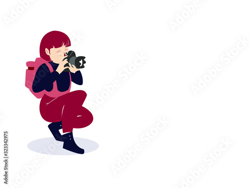 Photographer with backpack, takes photographs with her camera  Flat cartoon female character Illustration. Vector drawing isolated on white background with text copy space