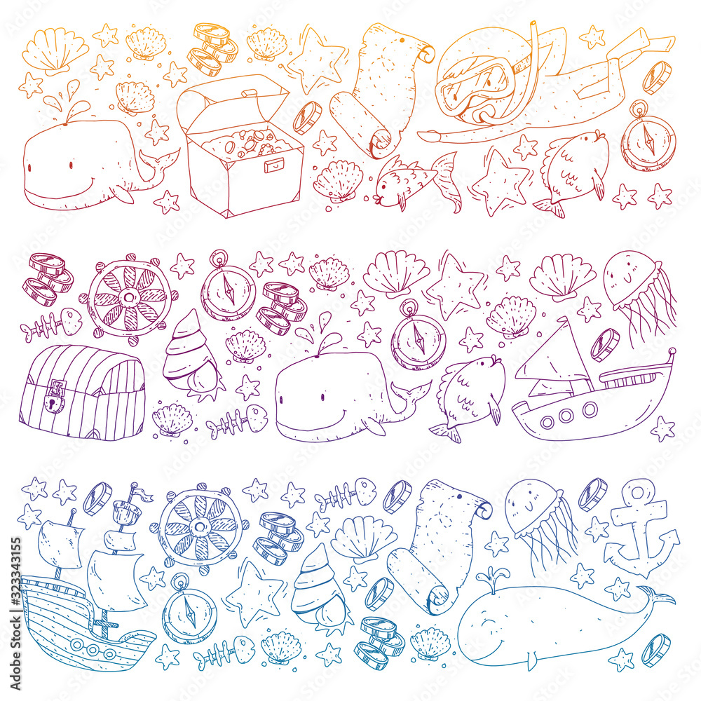 Diving pattern with children. Octopus, whale. Summer adventure with pirates and treasures. Swimming and underwater adventure. Diving pattern with children. Octopus, whale. Summer adventure with pirates and treasures. Swimming and underwater adventure.