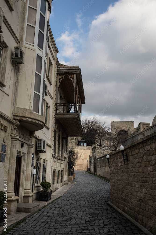 Empty street in old city of Baku, Azerbaijan. Old city Baku. Inner City buildings.