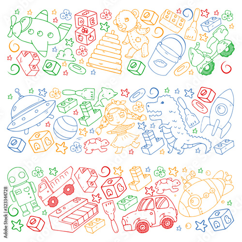 Vector pattern with toys for little children. Kindergarten kids playing with doll, dinosaur, submarine, airplane, car.