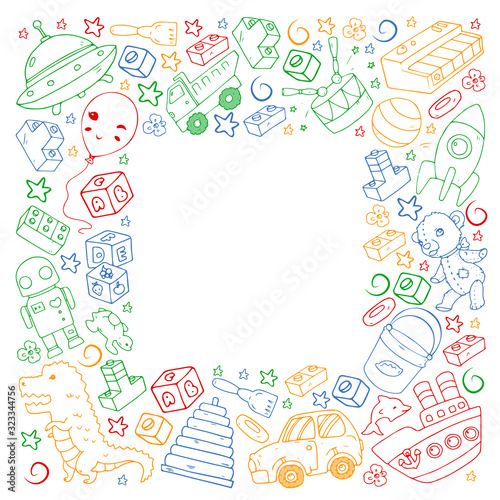Vector pattern with toys for little children. Kindergarten kids playing with doll, dinosaur, submarine, airplane, car.