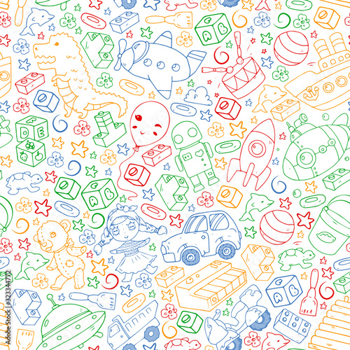 Vector pattern with toys for little children. Kindergarten kids playing with doll, dinosaur, submarine, airplane, car.