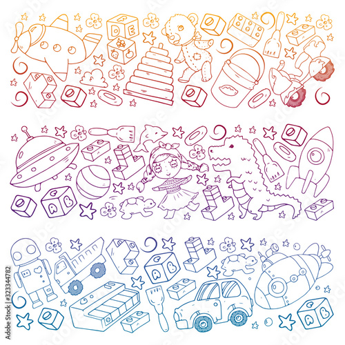 Vector pattern with toys for little children. Kindergarten kids playing with doll, dinosaur, submarine, airplane, car.