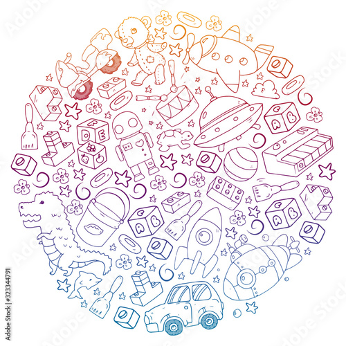 Vector pattern with toys for little children. Kindergarten kids playing with doll, dinosaur, submarine, airplane, car.