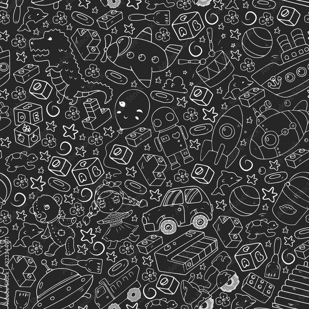 Vector pattern with toys for little children. Kindergarten kids playing with doll, dinosaur, submarine, airplane, car. Vector pattern with toys for little children. Kindergarten kids playing with doll, dinosaur, submarine, airplane, car.