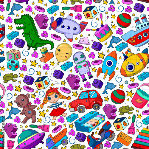 Vector pattern with toys for little children. Kindergarten kids playing with doll  dinosaur  submarine  airplane  car.