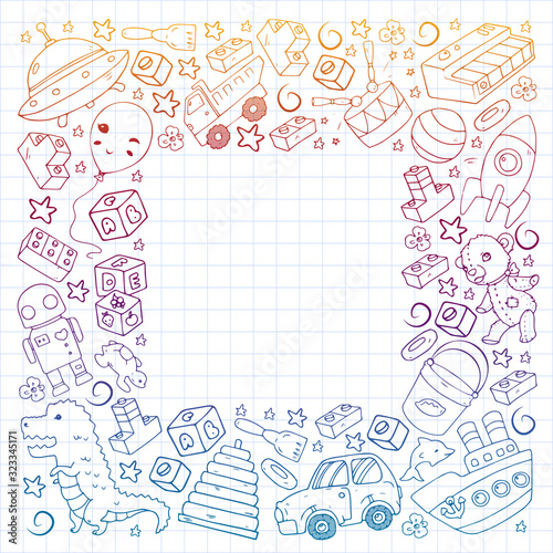 Vector pattern with toys for little children. Kindergarten kids playing with doll, dinosaur, submarine, airplane, car.