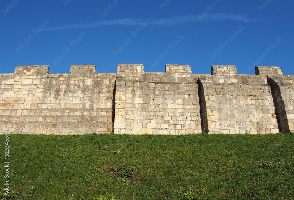 a view of the ancient medieval city walls of york with grass covered embankment and blue sky