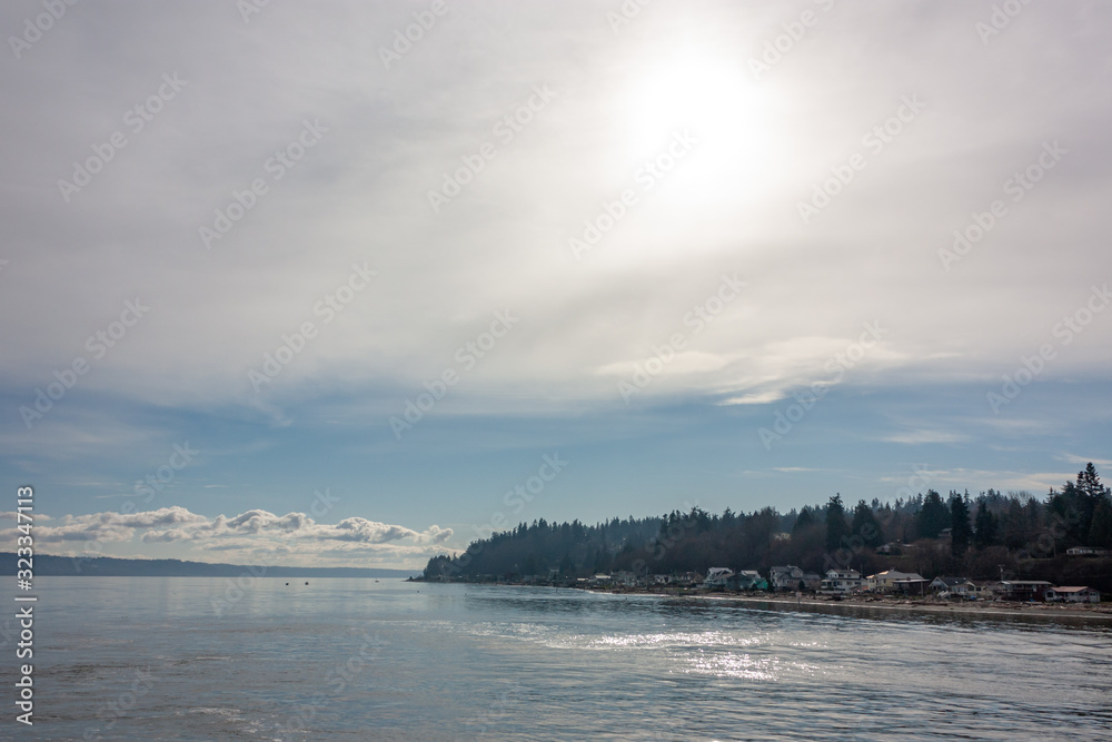 Scenic Puget Sound as the fog lifts on a sunny winters day