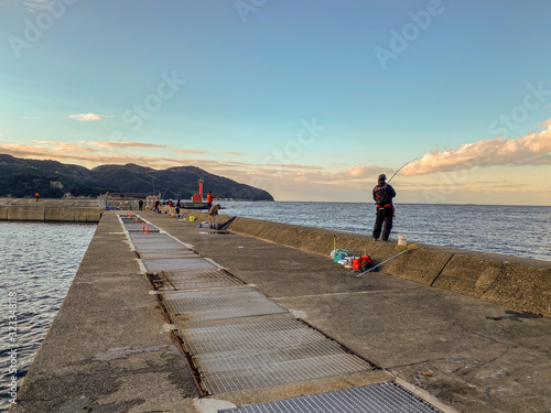 Canvas Print People fishing in Japanese ports.
