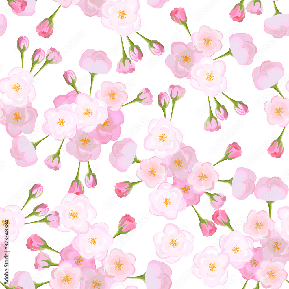 Vector bright cherry flowers on white background seamless